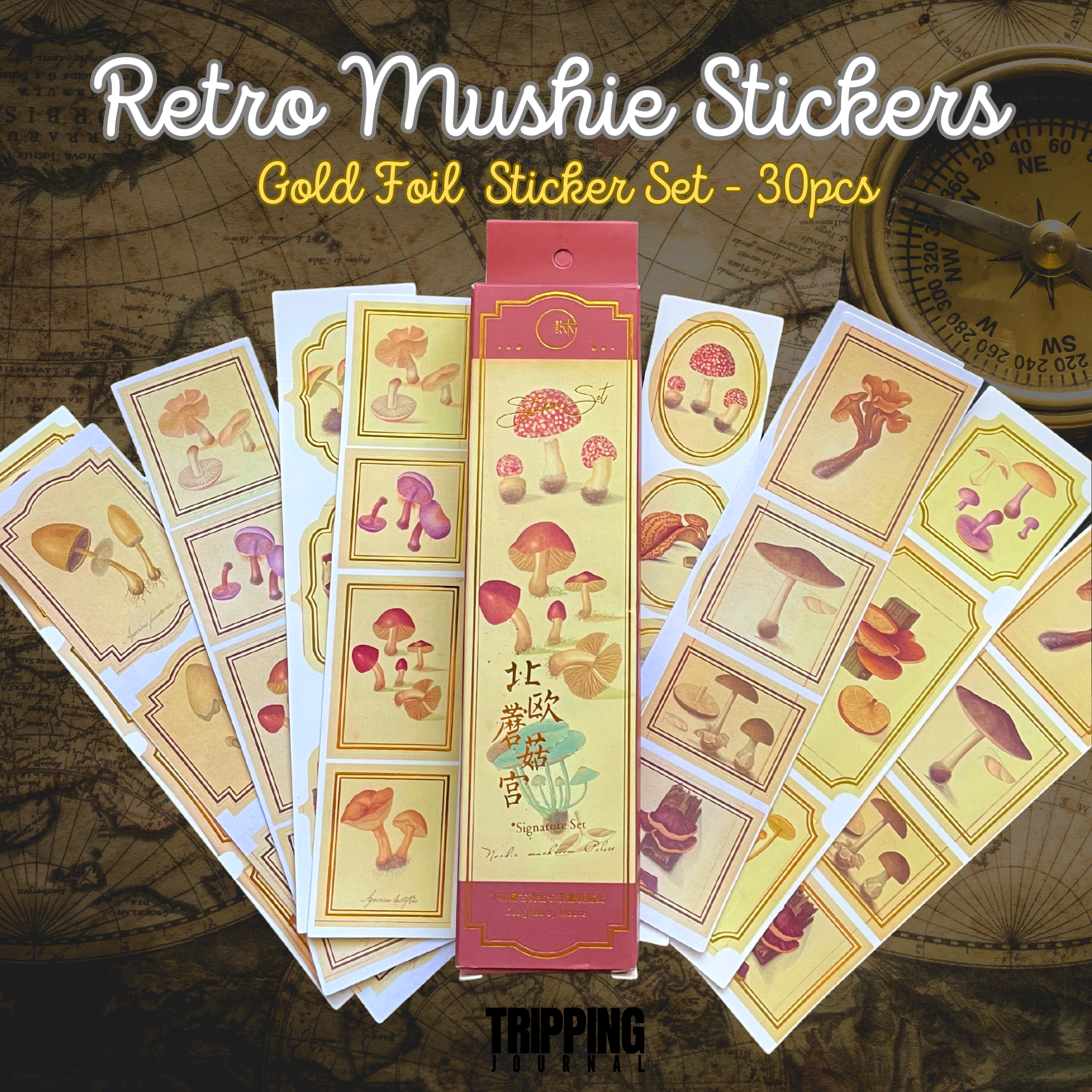 Retro Mushie Stickers: Gold Foil 30pcs 🪙 – TrippingJournal